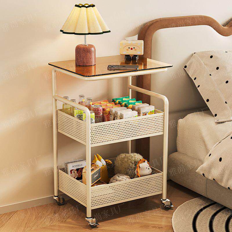 可移动奶油风床边沙发边几钢化玻璃茶几家用简约现代小推车置物架