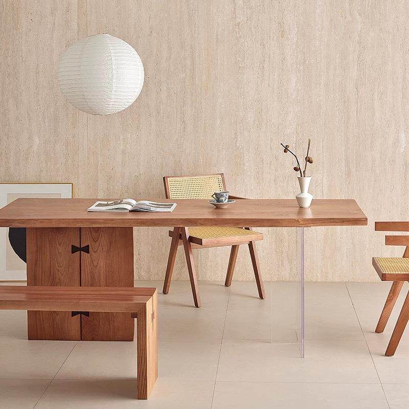 几何悬浮实木餐桌中古风原木条桌书桌办公休闲亚克力客厅白蜡茶桌