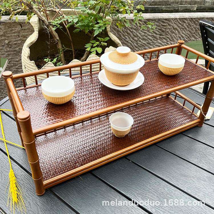 竹制二层茶壶收纳架茶杯架竹制茶道具手工编织竹丝面双层可用茶壶