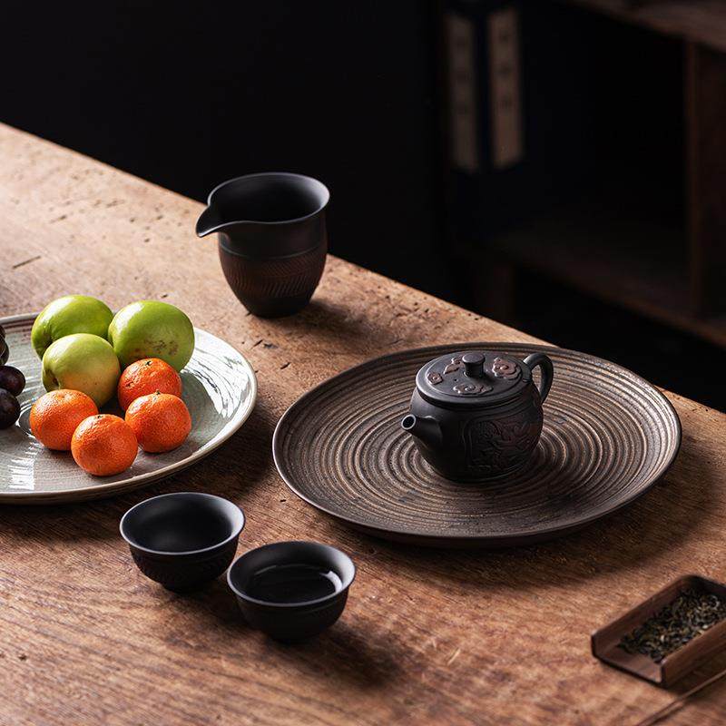 日式干泡盘小型茶盘粗陶养壶圆形紫砂壶托茶具干泡台托盘大号壶承