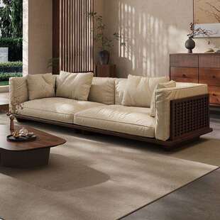 宋式美学黑胡桃实木棉麻布艺沙发新中式客厅直排四人位家用小户型