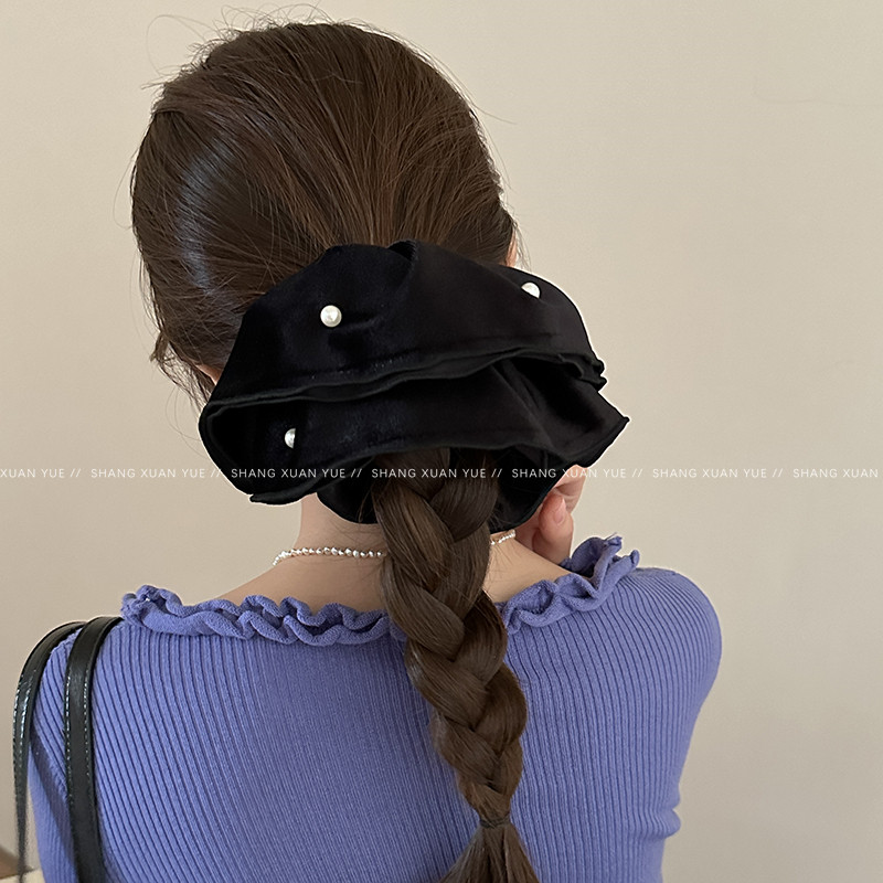 超大号黑色珍珠丝绒大肠圈女秋冬新款法式复古高端发圈扎马尾发绳