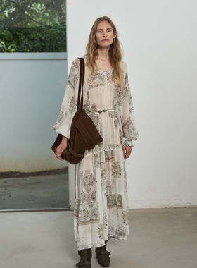 SELAH 小众艺术感印花裙 真丝灯笼袖复古长款连衣裙 31B25303Z10