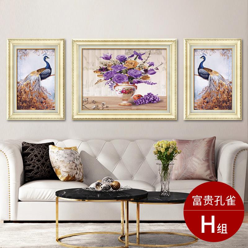 欧式客厅装饰画孔雀油画沙发背景墙面壁画美式大气三联画餐厅挂画图片