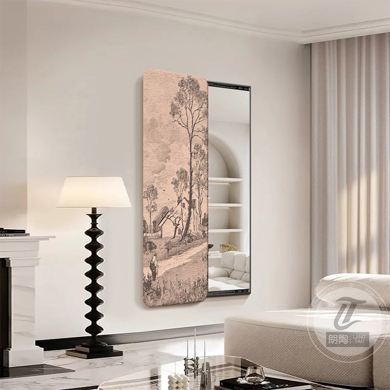 中式古风玄关镜子画暗藏式穿衣镜推F拉全身镜可关闭走廊过道装饰