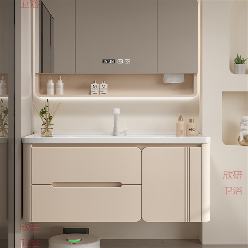 全橡木烤漆浴f室柜组合陶瓷一体盆奶油风现代岩板卫生间洗脸洗漱