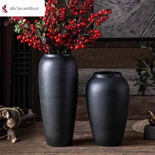 陶瓷粗陶覆古黑色陶罐花瓶摆件黑陶客厅银柳落地大号冬青干花插花