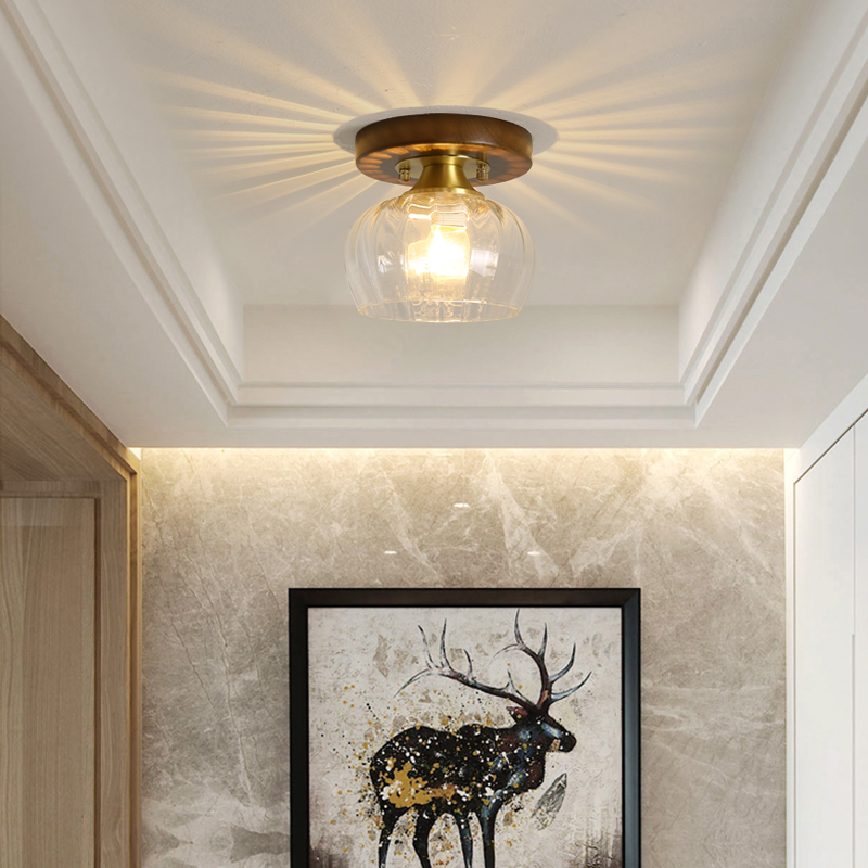 新中式过道走廊灯胡桃木色个性阳台灯F具实木入户玄关门厅小吸顶