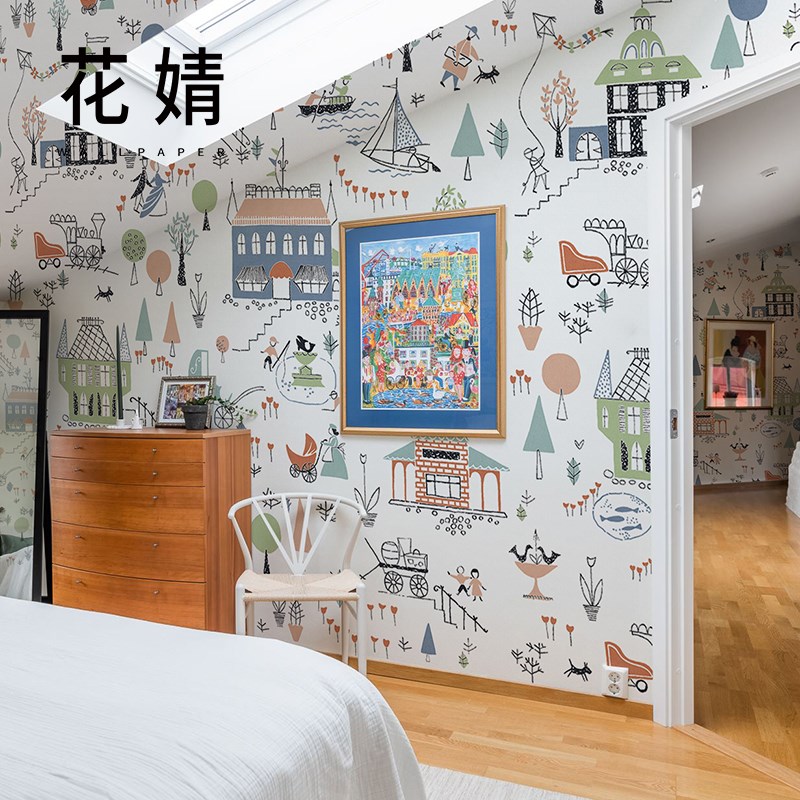 ins儿童房手绘墙纸电视背景墙壁纸家用无缝墙布T卧室客厅定制壁画