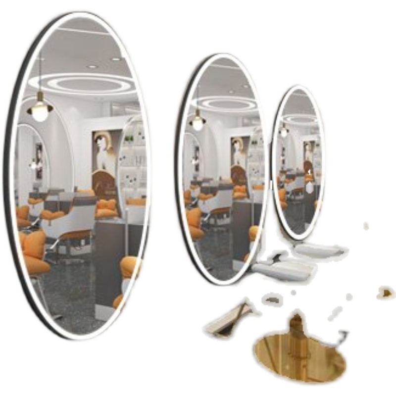 新款理发店镜台单面美发镜子发廊专用椭圆L形镜台带灯靠墙落地镜