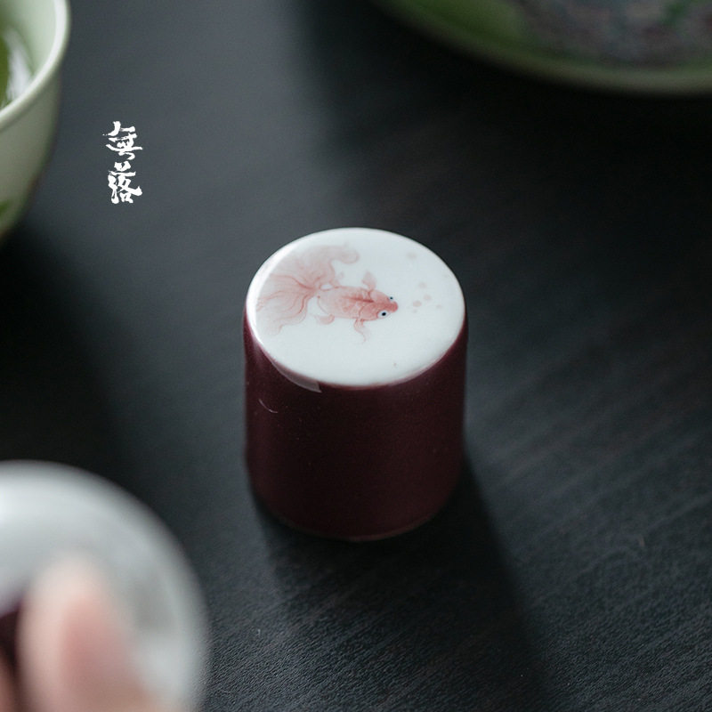 无落 葡萄紫釉下手绘有鱼盖置手工陶瓷茶道配件盖碗壶盖托文人器