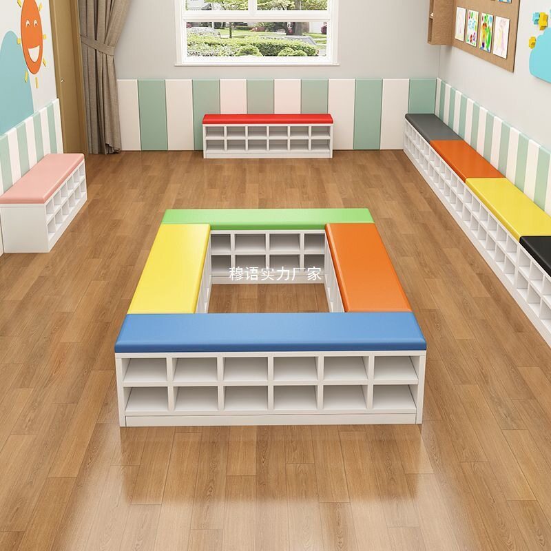 幼儿园门口软包长条换鞋凳