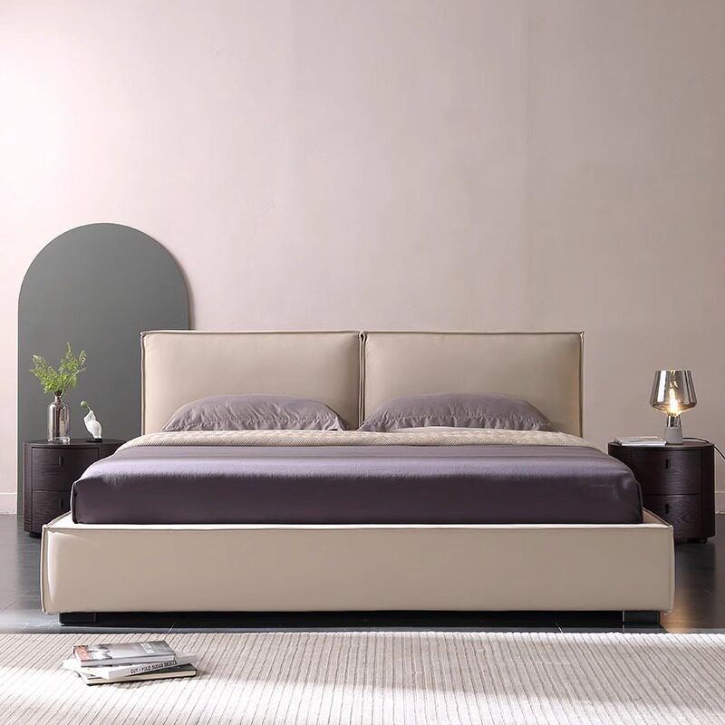 意式极简豆腐块真皮床头层牛皮主卧婚床软包1.8米双人大床简约款