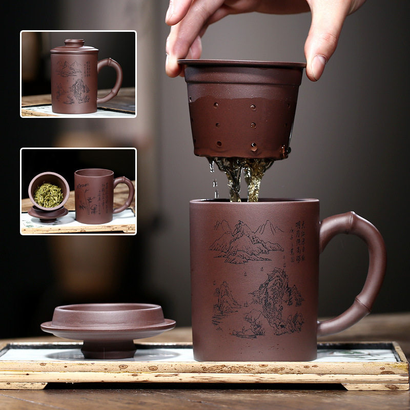 宜兴紫砂杯纯全手工原矿带过滤内胆大容量家用泡茶杯子带把盖杯无