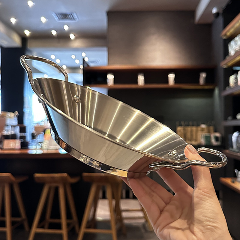三层加厚哎~18/10不锈钢西班牙海鲜饭锅干锅双耳焗饭平底锅盘子