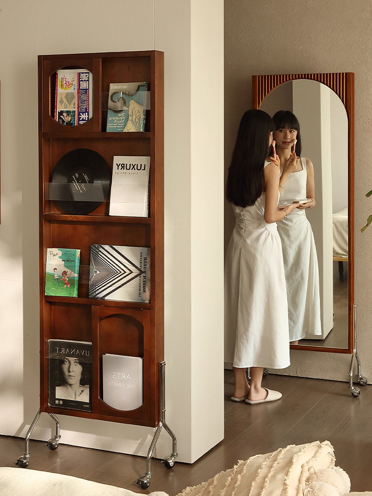 复中古风杂志架穿衣全身镜子落地可移动旋转玄关隔断书置物展示柜