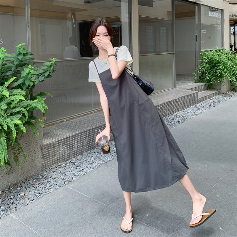 工装背带裙女夏季薄款小个子2025新款宽松遮肚显瘦中长款休闲裙子图片