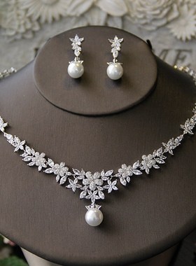 优雅新娘锆石珍珠项炼耳环套炼饰品婚纱晚宴宴会礼服配饰结婚首饰