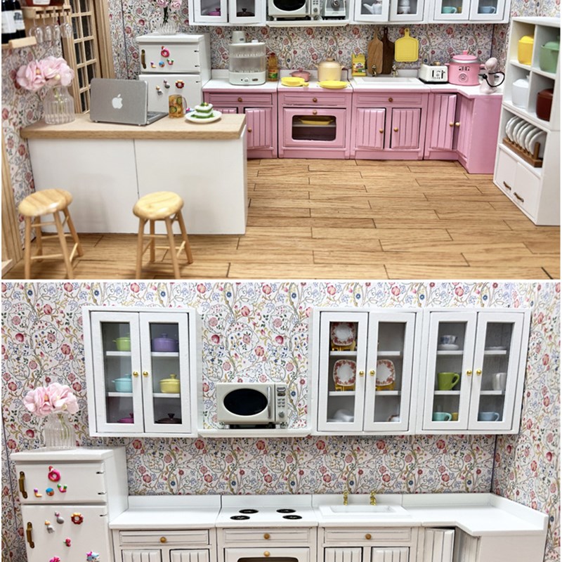 1:12娃娃屋微缩家具模型迷你厨房微景观粉色木制组合水槽炉灶橱柜