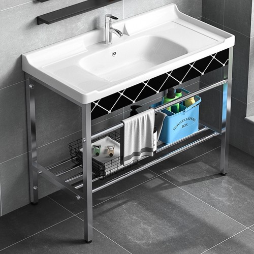 不锈钢落地陶瓷盆洗手盆简约现代小户型阳台洗脸盆卫W生间一体手