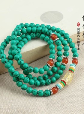 藏式民族风优化绿松石多圈佛珠手串女款念珠手链复古项链棉麻配饰