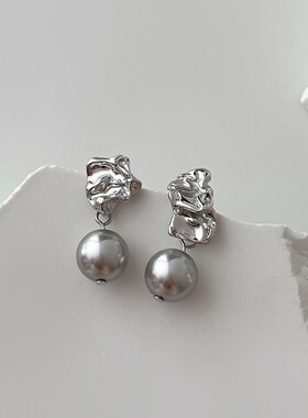 小众设计感熔岩不对称灰色珍珠耳环冷淡风高级感气质耳饰耳钉女酷
