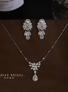 精美闪耀锆石项链耳环套装新娘饰品婚纱晚礼服配饰结婚宴会首饰品