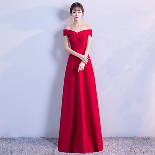 大红色宴会气质长款主持人礼仪小姐颁奖晚会礼服连衣裙结婚敬酒服