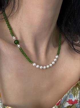 新中式绿琉璃白珍珠锁骨链女古风气质国潮风复古串珠配饰项链春夏