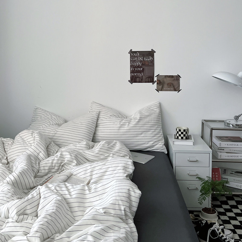 黑黑白条~四件套水洗棉1.8床上用品被罩床单人学生宿舍Z三件套床