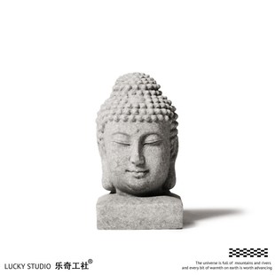 青砂石石佛头桌面摆件创意阳台盆景装 饰微观造景摆件礼物