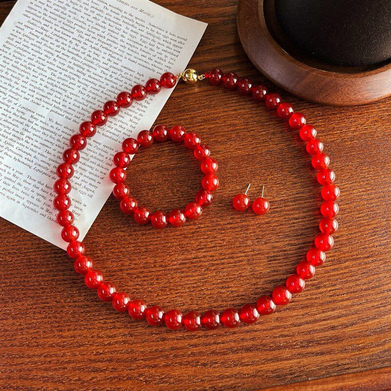 10mm新年红天然冰透冰种红玉髓项链耳钉手链套装礼物三件套