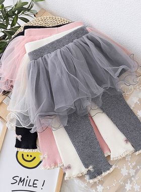 韩版女童裙裤秋冬儿童外穿裤子宝宝洋气蓬蓬网纱假两件加绒打底裤
