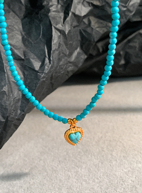 中古法式蓝色松石项链女小众设计爱心型吊坠小巧百搭叠戴锁骨链潮