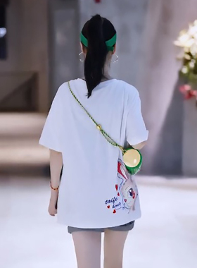 白色短袖T恤女卡通印花2022年新款夏季大版胖mm遮肚子半袖体桖衫