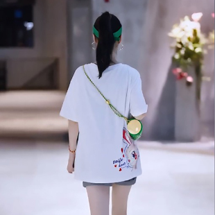 白色短袖T恤女卡通印花2022年新款夏季大版胖mm遮肚子半袖体桖衫