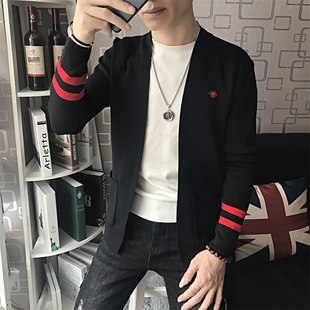 春秋针织毛衣男开衫外套青年潮流薄款中长版黑色针U织衫修身男开