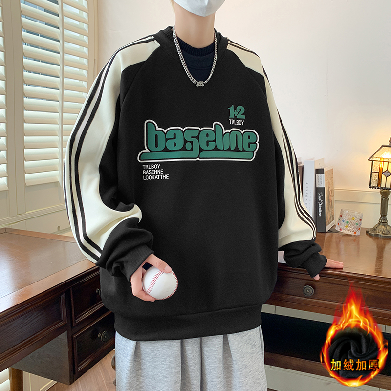 秋冬季长袖厚棉T1k2岁男孩初高中学生13加绒加厚15大童纯棉圆领上