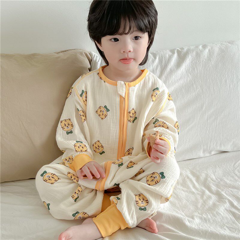 纯棉睡袋春秋儿童连体衣前六后四纱布分腿防踢被宝宝四季无骨家居