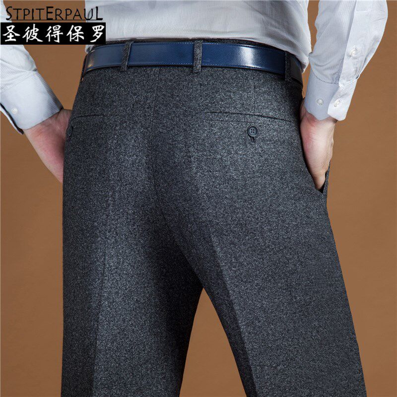 秋冬季厚款羊毛西裤中年休闲男裤毛料宽O松直筒加绒毛呢西装