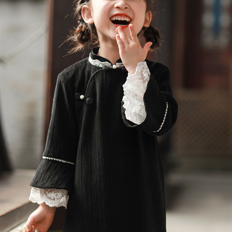 女童旗袍秋冬季民国风改良中式长版洋装儿童古装汉服中国风唐装