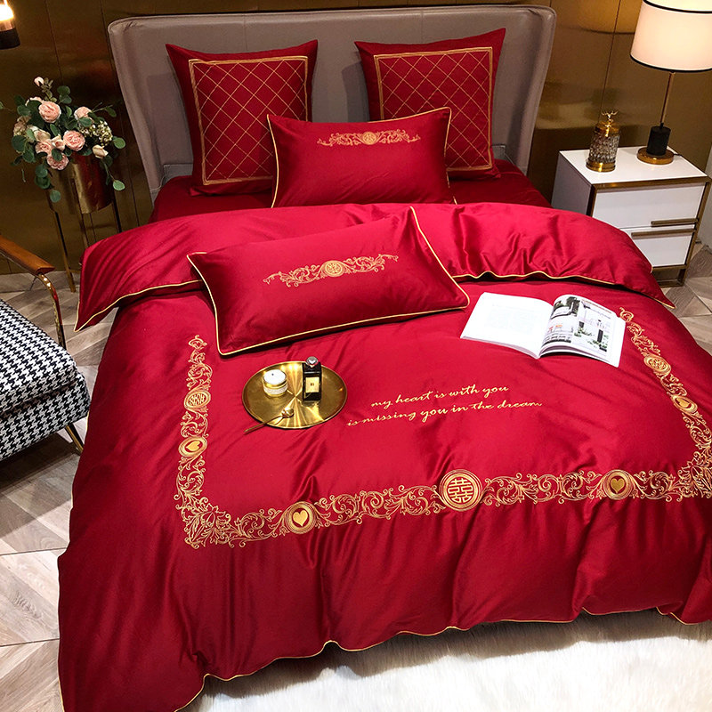 婚庆公主风60支红色长绒棉绣花1.8m四件套全棉床上用品被套韩式