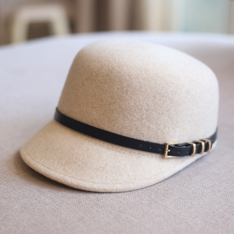 秋冬羊毛马术帽子女毛呢毡帽皮带小礼帽英伦时尚鸭舌帽出游显脸小
