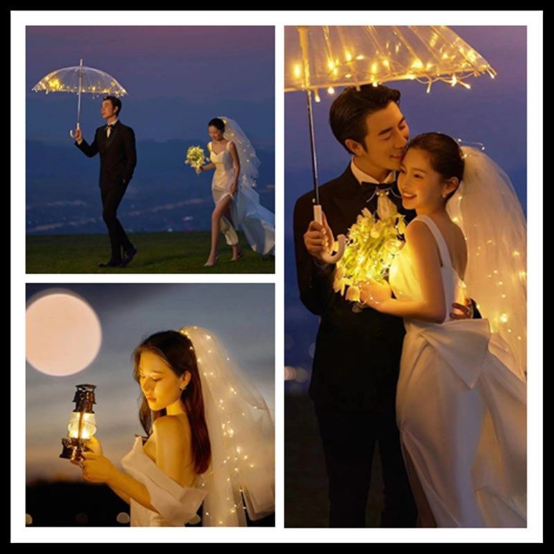 外景婚纱写真夜景拍照道具蕾丝灯伞新娘发光手捧花透明伞米粒灯串