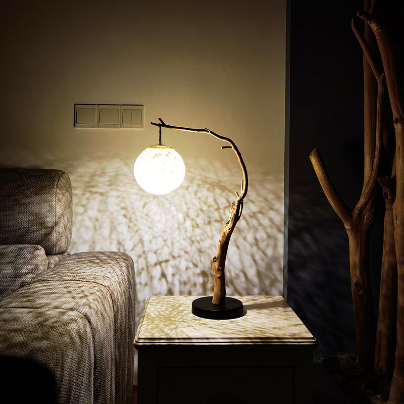 研木社原木去皮树枝台灯实木随形田园温馨书房民宿床头个性调光灯