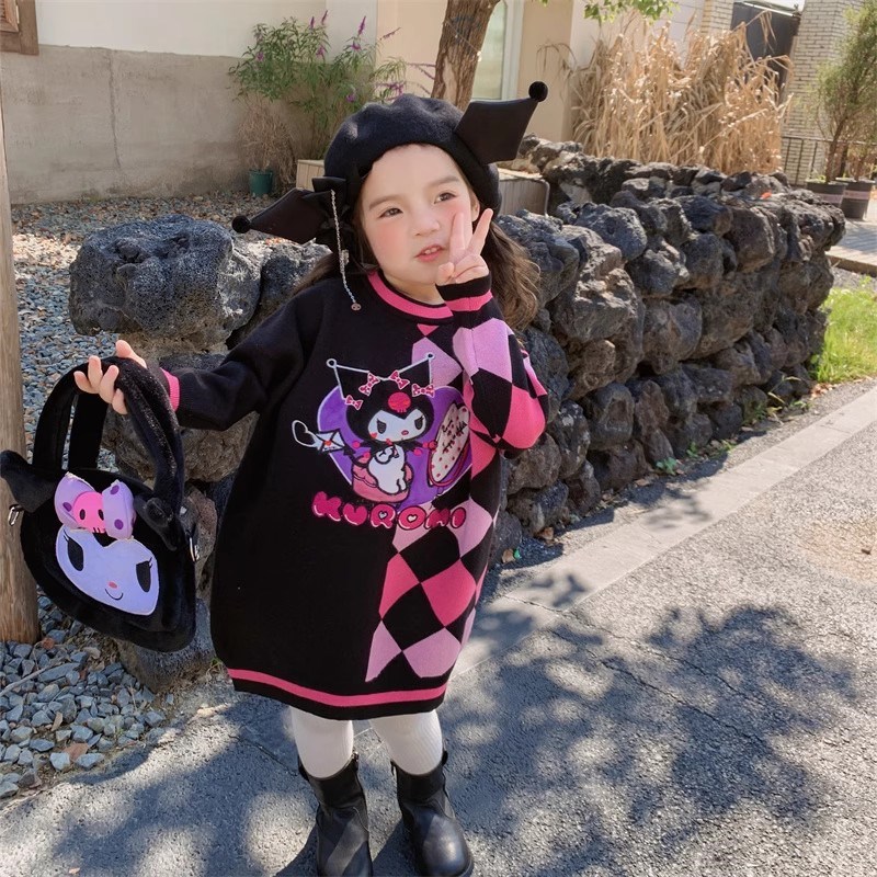 新年装女童毛衣裙春秋新款库洛米撞色针织宽松百搭儿童加厚连衣裙