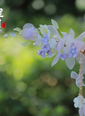 汉服发饰女紫色绢花耳环唐朝头花古风头饰女款长流苏后压发夹春款