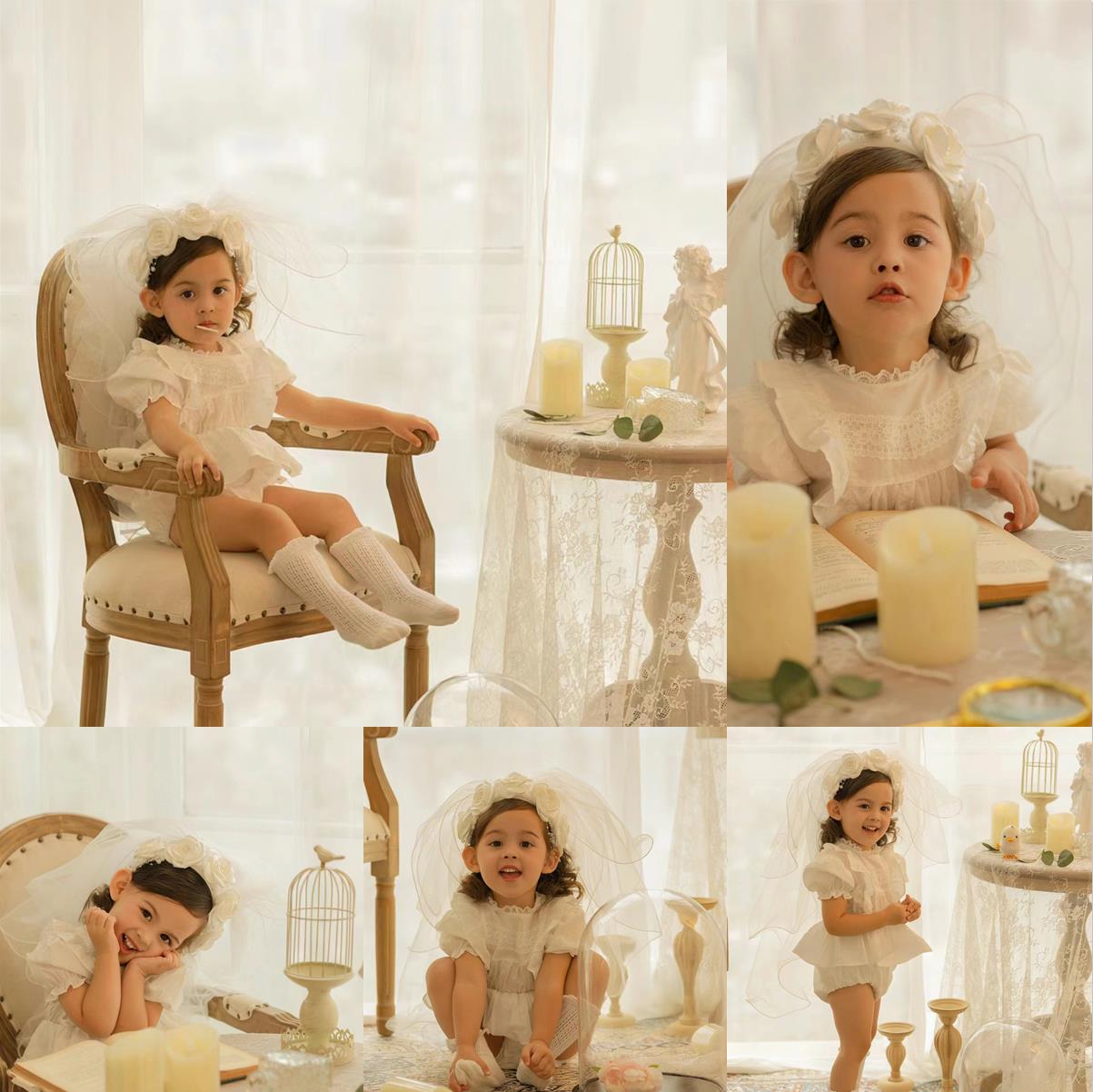 儿童摄影服装宝宝百天照周岁照2岁拍照服装复古婚纱白色公主头纱