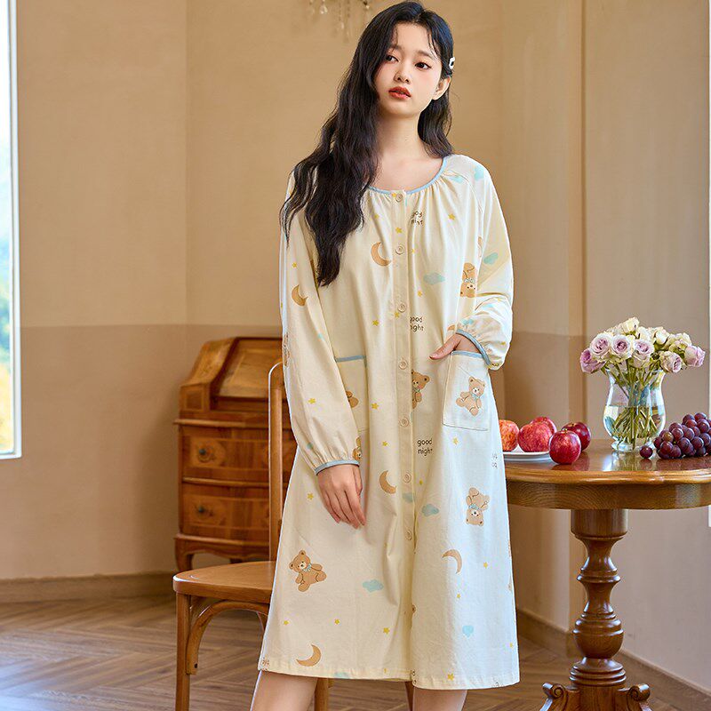 带胸垫纯棉孕妇家居裙春秋待产哺乳睡裙秋N冬住院生产月子服睡衣