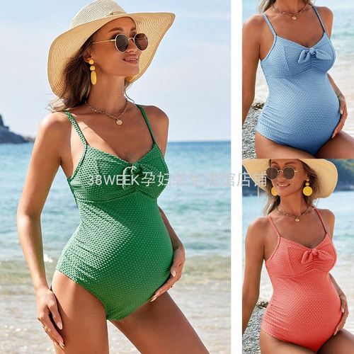 孕妇连体泳衣孕期个性泳照减龄洋气游泳衣女褶皱高弹X修身大码显